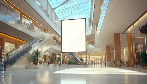 Mock up. Blank vertical poster billboard, advertising stand, lightbox inside shopping mall
