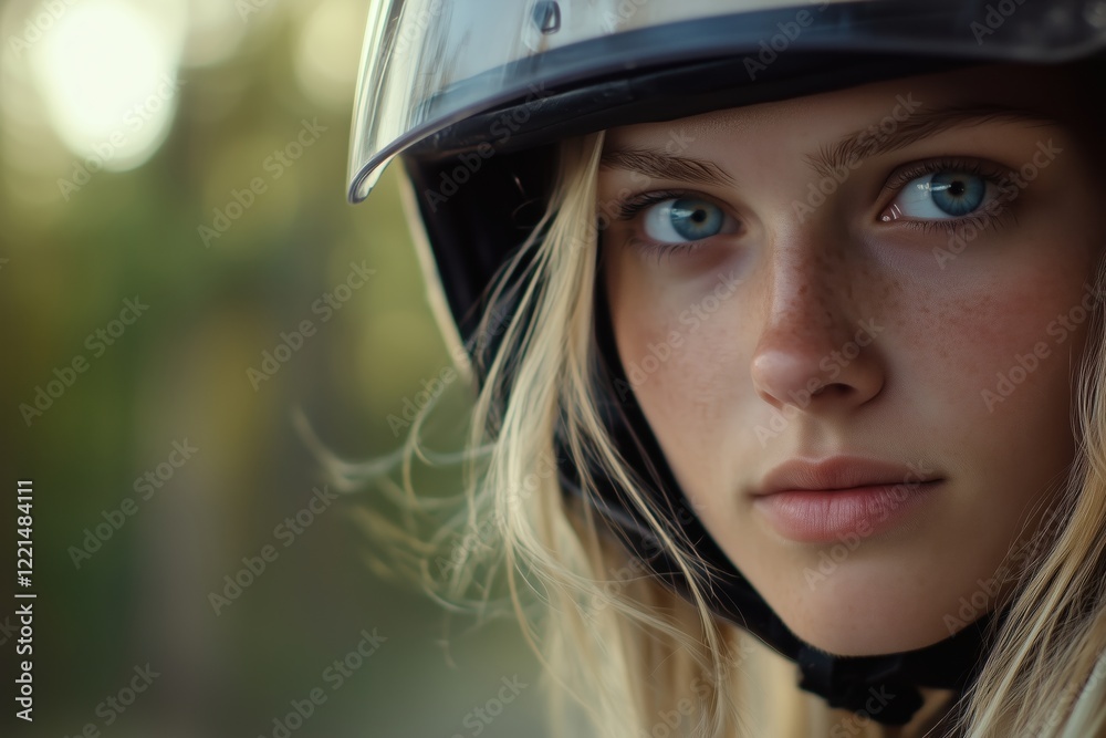 Woman with a helmet and serene expression against a tranquil forest scene Woman with a helmet and serene expression against a tranquil forest scene