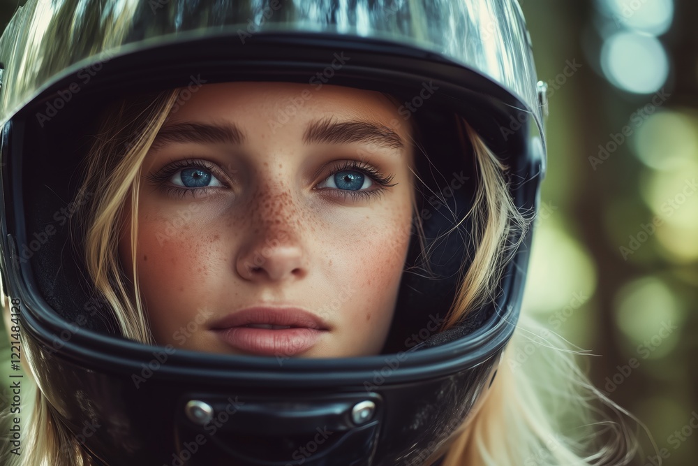 Gentle gaze of a motorcyclist, highlighted by soft daylight Gentle gaze of a motorcyclist, highlighted by soft daylight