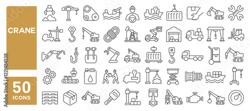 Set of 50 line icons related to crane, lift, hoist, hydraulic, machinery, hook, construction, vehicle, tractor, scaffold, logistic, Editable stroke. Vector illustration