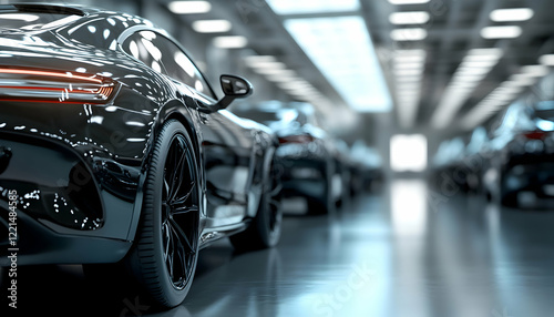 Modern cars are in the studio room. 3D illustration and 3D render