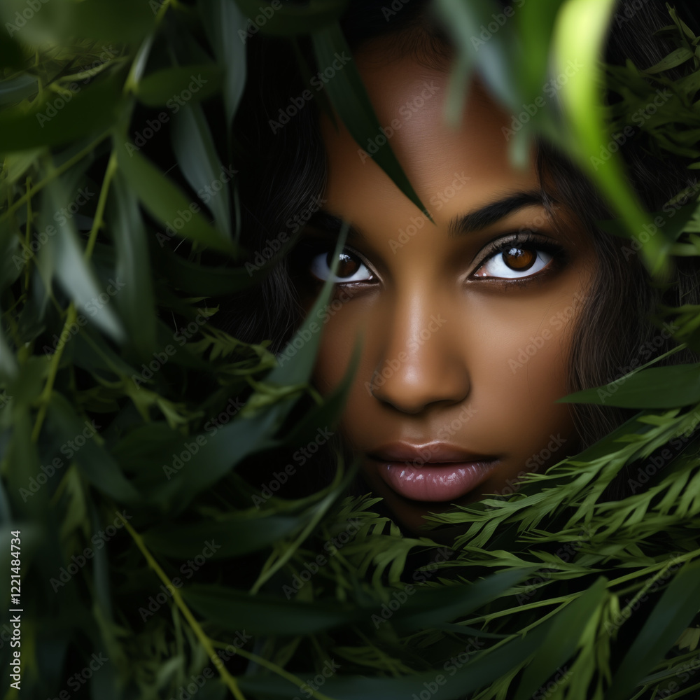 Portrait of a beautiful exotic girl with big eyes looking into the lens, plants in the background and foreground. Woman hiding in the jungle looking into the camera Portrait of a beautiful exotic girl with big eyes looking into the lens, plants in the background and foreground. Woman hiding in the jungle looking into the camera