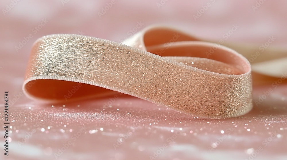 Close-up of peach velvet ribbon on pink glitter background. Close-up of peach velvet ribbon on pink glitter background.