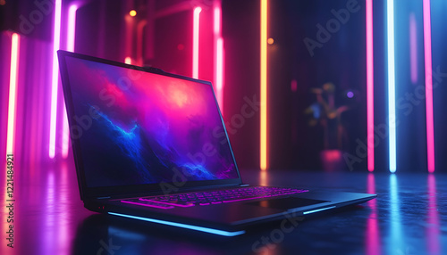 Modern gaming laptop showing mockup screen in neon-lit room