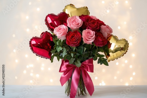 Vibrant rose bouquet with balloons, enhanced by a delicate glow