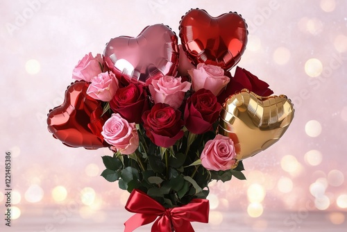 Heart balloons and a lively bouquet create a romantic vibe