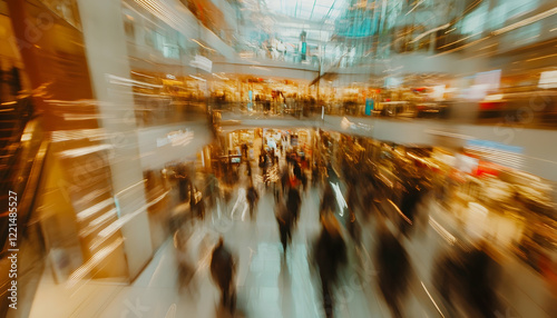 Modern shopping mall interior during Black Friday sale captured in a blurry view