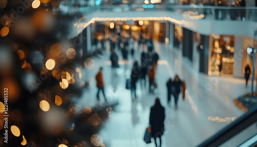 Modern shopping mall interior during Black Friday sale captured in a blurry view