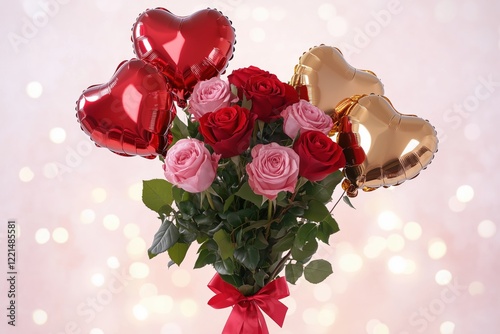 Colorful arrangement with red and gold balloons and romantic roses