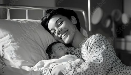 Mother smiling while holding her newborn baby on hospital bed.