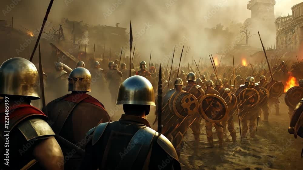 Roman soldiers march into battle with determination through a smoky battlefield as the sun sets, ready to defend their empire against enemies in an epic clash