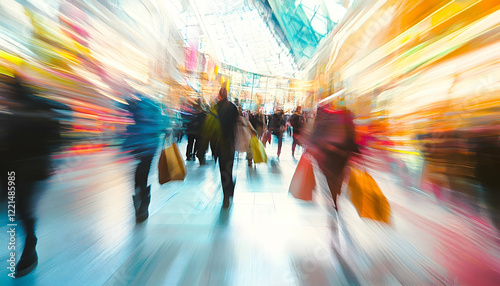Motion blur effect, busy shopping mall scene, diverse people with colorful shopping bags