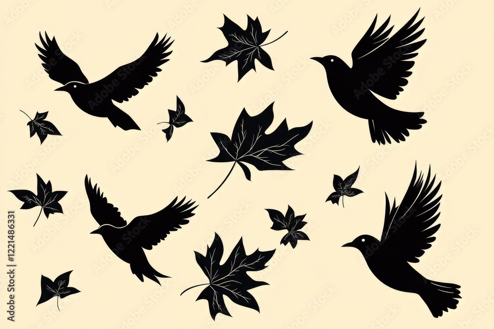 A group of birds and leaves in mid-air, capturing a moment of flight and movement A group of birds and leaves in mid-air, capturing a moment of flight and movement