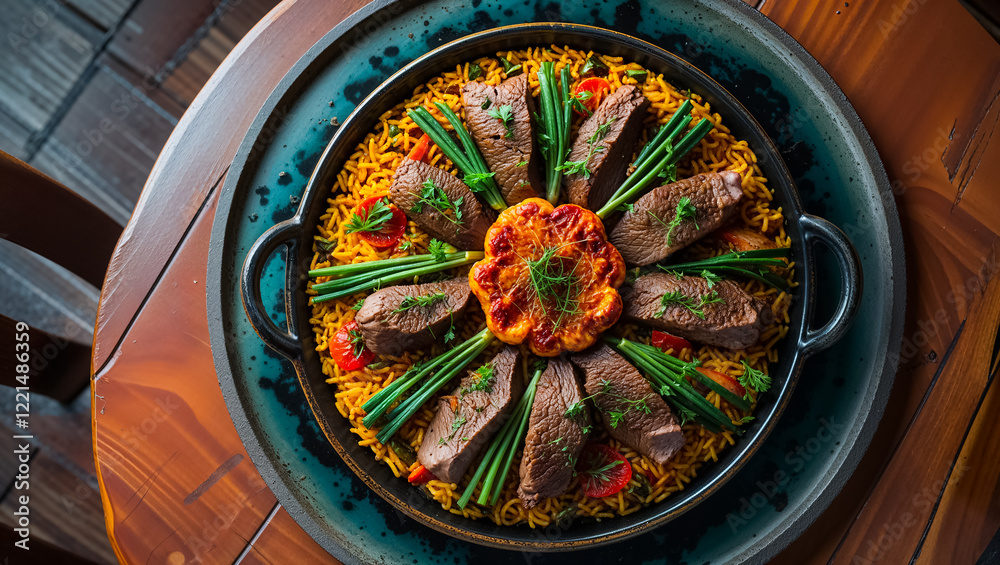 Obraz premium delicious paella with meat and vegetables, traditional food of Spain