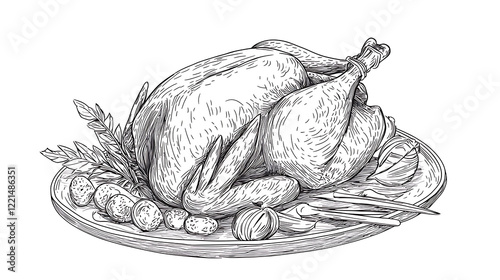 A drawing of a roasted turkey with a side of vegetables. generated using AI