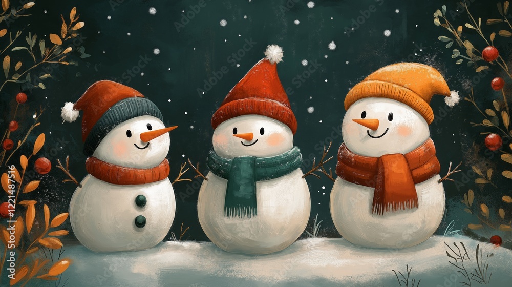 Enchanting winter snowmen in festive folklore scene for storybook art Enchanting winter snowmen in festive folklore scene for storybook art