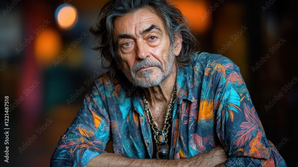 Fototapeta premium Portrait of a Mature Man with Gray Hair and Colorful Shirt
