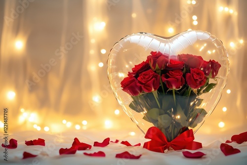 Large rose bouquet in heart balloon with glowing lights and satin ribbon