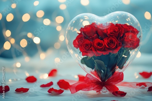 Beautifully crafted rose arrangement in heart balloon with red petals