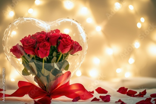 Unique Valentine’s decoration: Rose bouquet in heart balloon with fairy lights