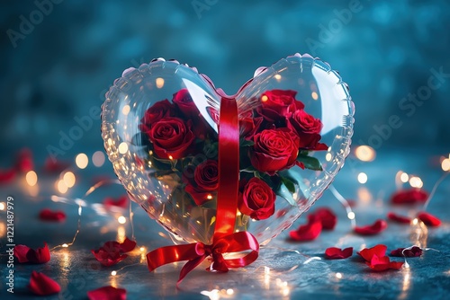 Transparent heart balloon filled with fresh roses, adorned with lights and petals