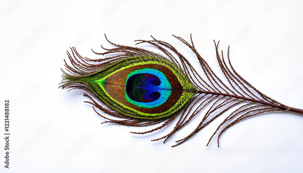 Fototapeta premium Iridescent peacock feather on plain background, nature's beauty