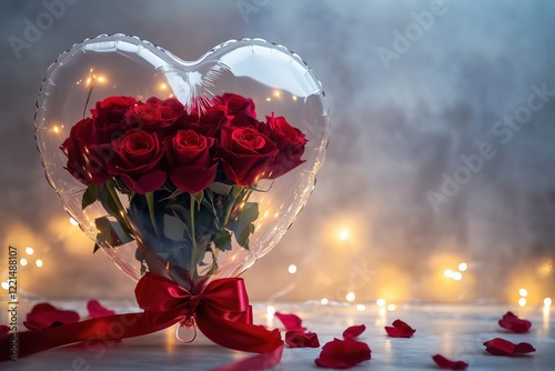 Creative heart bouquet of roses inside a transparent balloon with light decorations