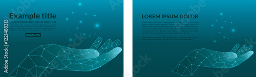 digital hand holding something turquoise blue. Low poly wireframe illustration technology concept. Abstract human gestures in polygons, connected glowing dots, lines and triangles