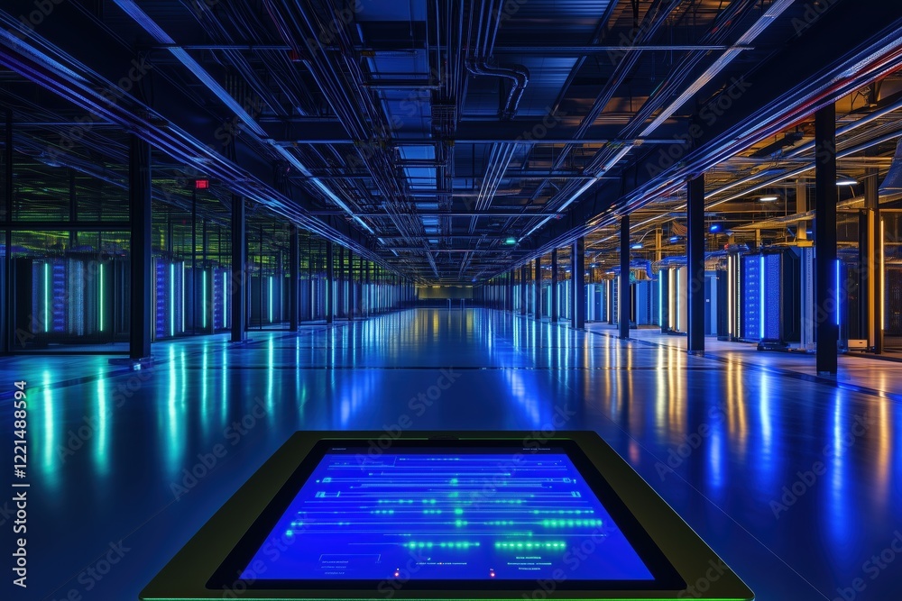 Fototapeta premium Endless rows of servers featuring blue and green LED lights in a high-tech setting