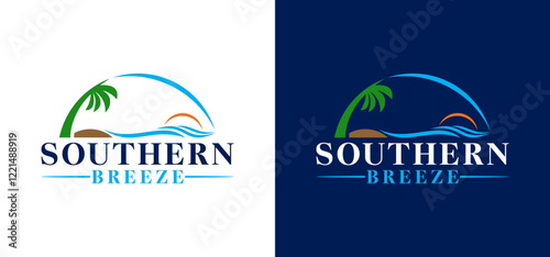 Illustration of coconut tree logo with beach atmosphere, beach plant vector, sunset landscape design.