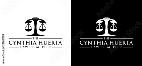 Illustration of law firm justice balance judgment scale tree life nature harmony wisdom vector logo design.