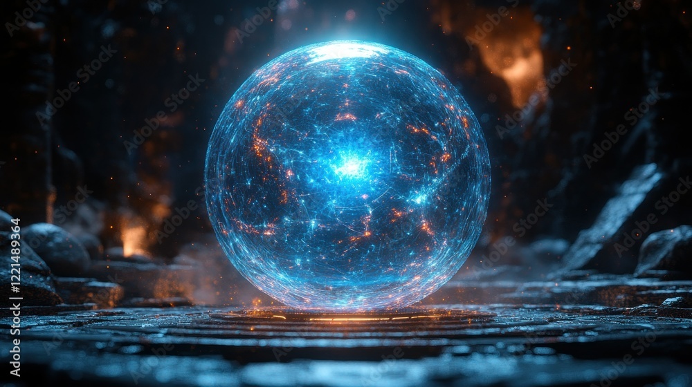 Mystical Energy Orb in a Dark Cave