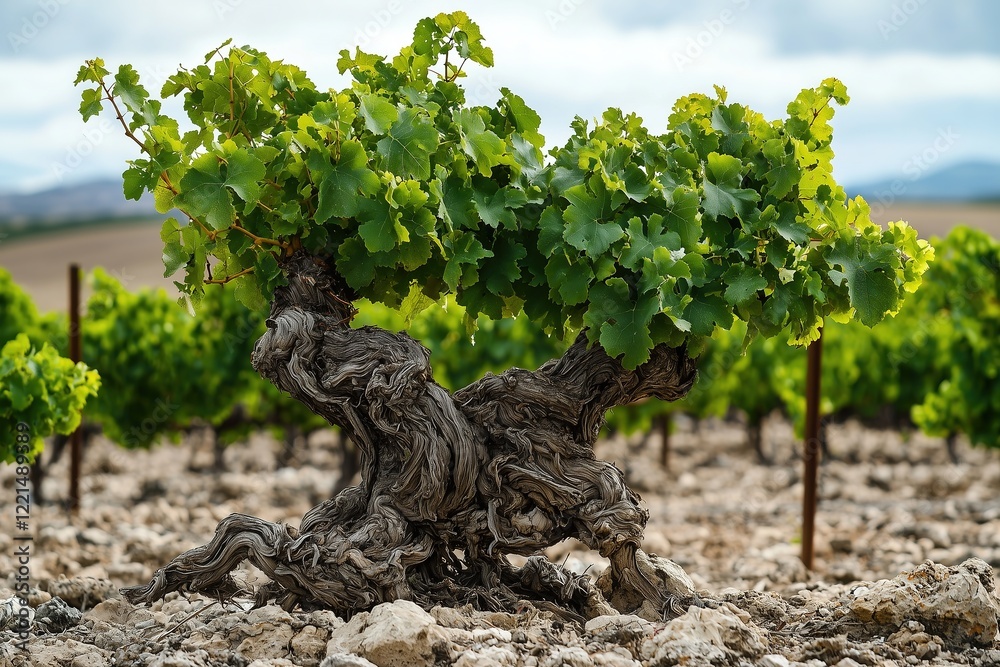 Fototapeta premium Old Grapevine with Gnarled Trunk and Green Leaves in a Vineyard