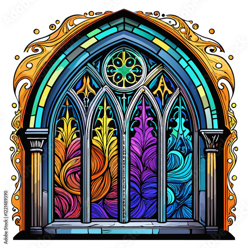Colorful stained glass window with intricate patterns in a gothic arch, artistic design, vibrant hues, symbolic, detailed illustration
