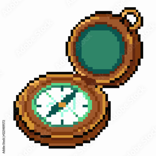 Vintage pixel art compass illustration, retro gaming style, navigation, adventure, classic design, 8 bit nostalgia