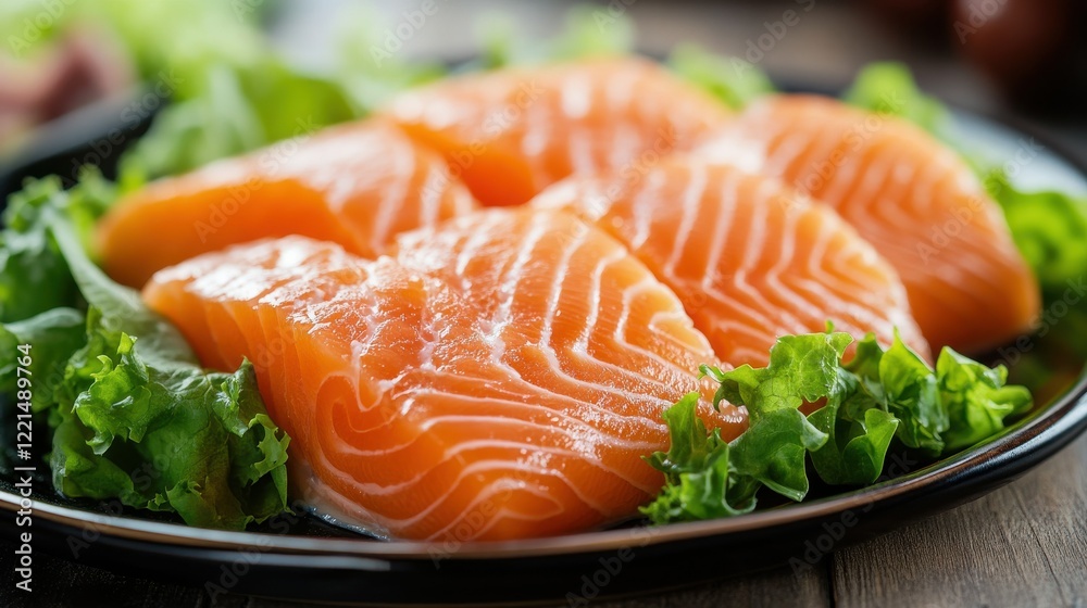 Fresh raw salmon fillets on black plate with green lettuce leaves Fresh raw salmon fillets on black plate with green lettuce leaves