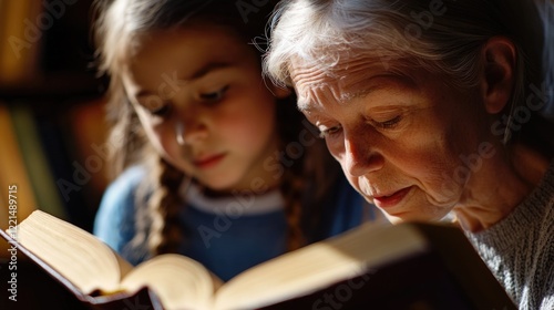 An older woman reads a book with a young girl, sharing knowledge and bonding