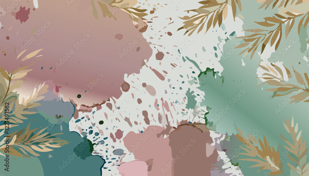 Obraz premium Abstract pastel watercolor background, with lines, splash geometric, liquid gold, luxury wallpaper for posters, banners, stone texture. Botanical design with leaves, floral wallpaper