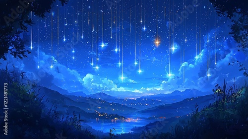 Magical night sky with falling stars over tranquil valley.