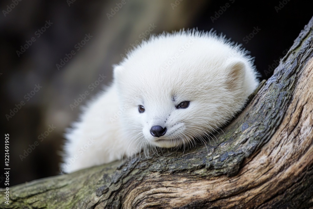 A small white bear sits comfortably on the top of a tree branch, enjoying its surroundings A small white bear sits comfortably on the top of a tree branch, enjoying its surroundings