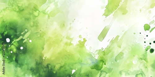 Vibrant watercolor splashes blending green and yellow, creating textured gradient background for ecological visual concepts photo