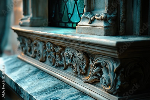 Intricate stone carving adorns a marble surface, showcasing floral motifs and architectural details. photo