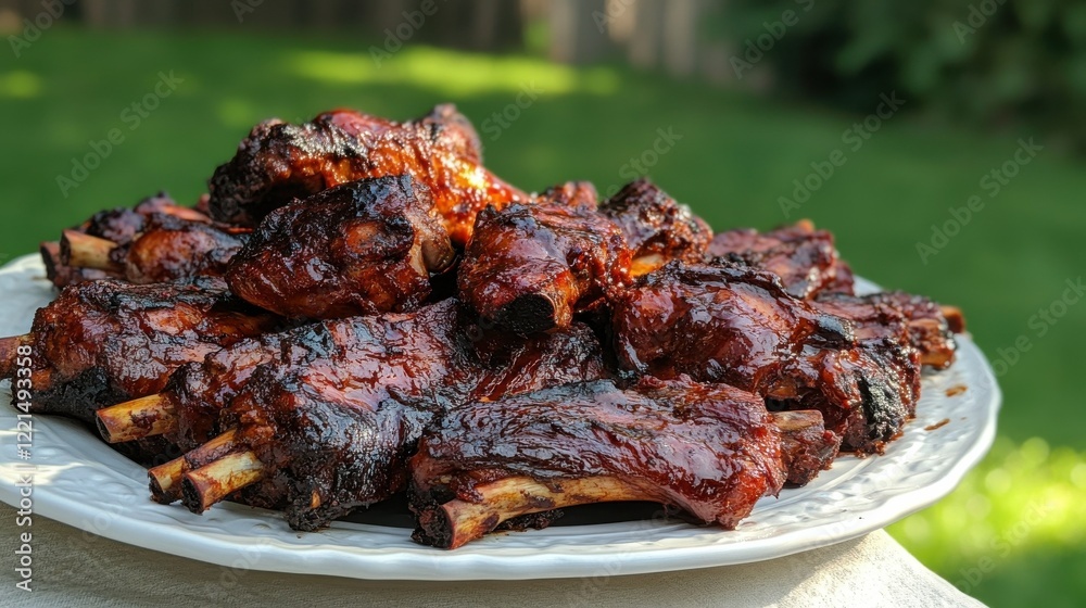 Juicy barbecue ribs glazed with sauce on a white plate outdoors Juicy barbecue ribs glazed with sauce on a white plate outdoors