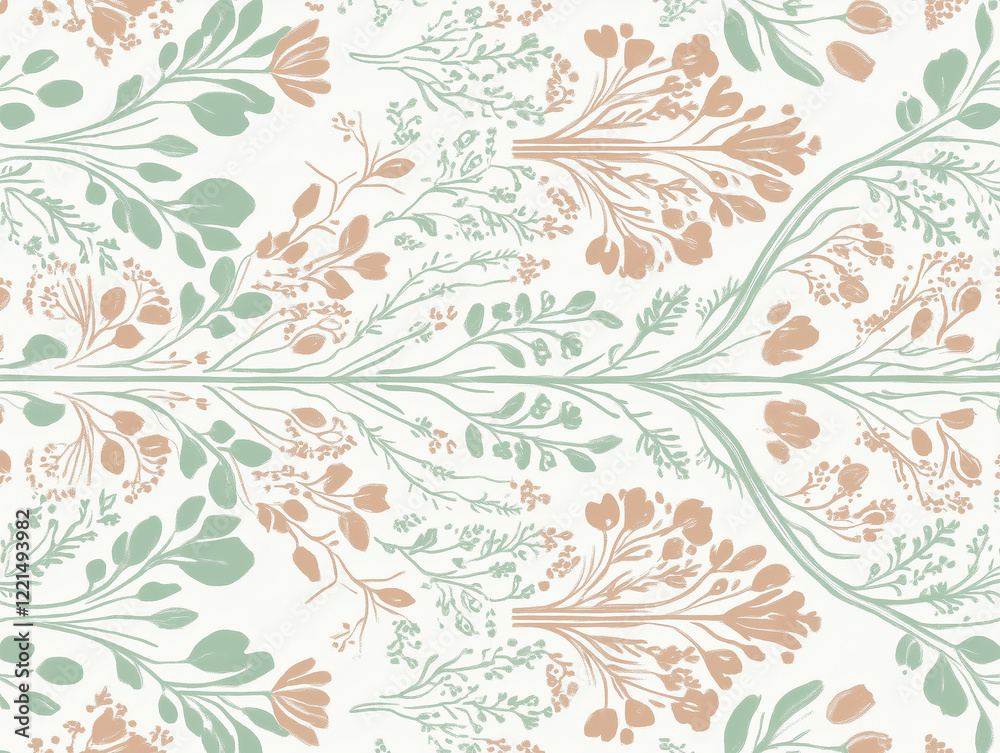 custom made wallpaper toronto digitalGraphic illustration wallpaper, fine drawing with green and brown ornaments.