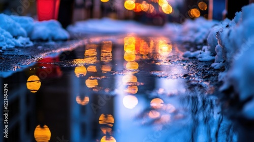 Fototapeta Naklejka Na Ścianę i Meble -  A small pool of water in the middle of a street, ideal for use as a background or to illustrate a story about urban life