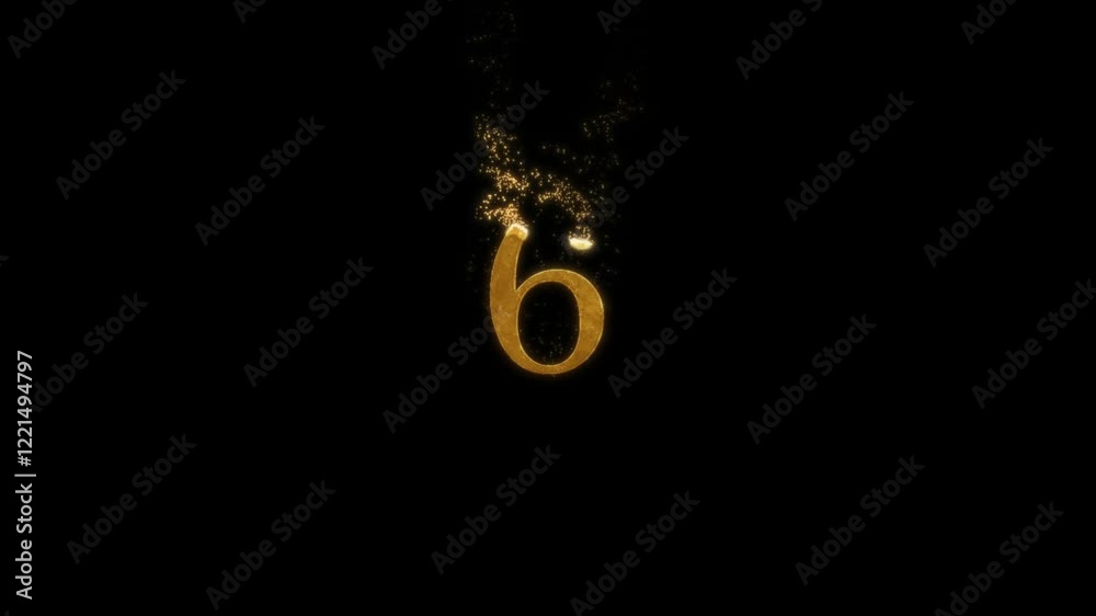 Golden number 6 with particles and alpha channel, the number appears from golden particles, golden number six