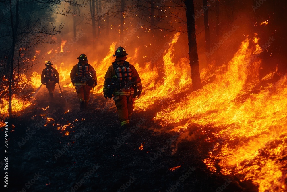 Group of firefighters walking through a forest, wearing uniforms and carrying equipment Group of firefighters walking through a forest, wearing uniforms and carrying equipment