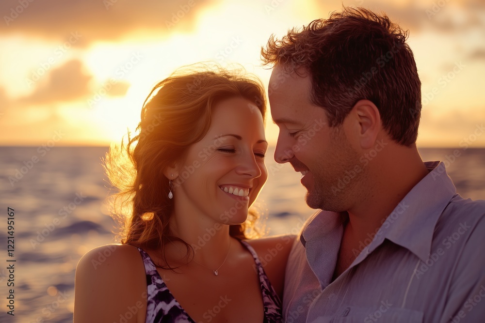 Carefree couple sharing a sunset moment on the open sea Carefree couple sharing a sunset moment on the open sea
