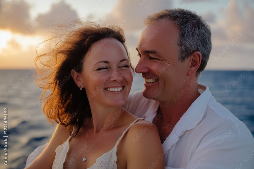 Loving embrace on a yacht with golden sun reflections Loving embrace on a yacht with golden sun reflections