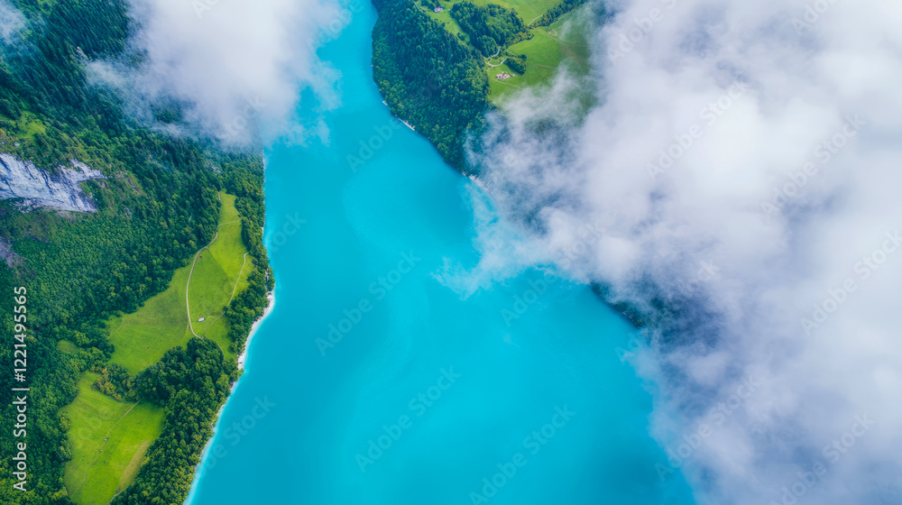 Fototapeta premium Aerial View of Turquoise Lake Surrounded by Lush Green Landscape and Clouds